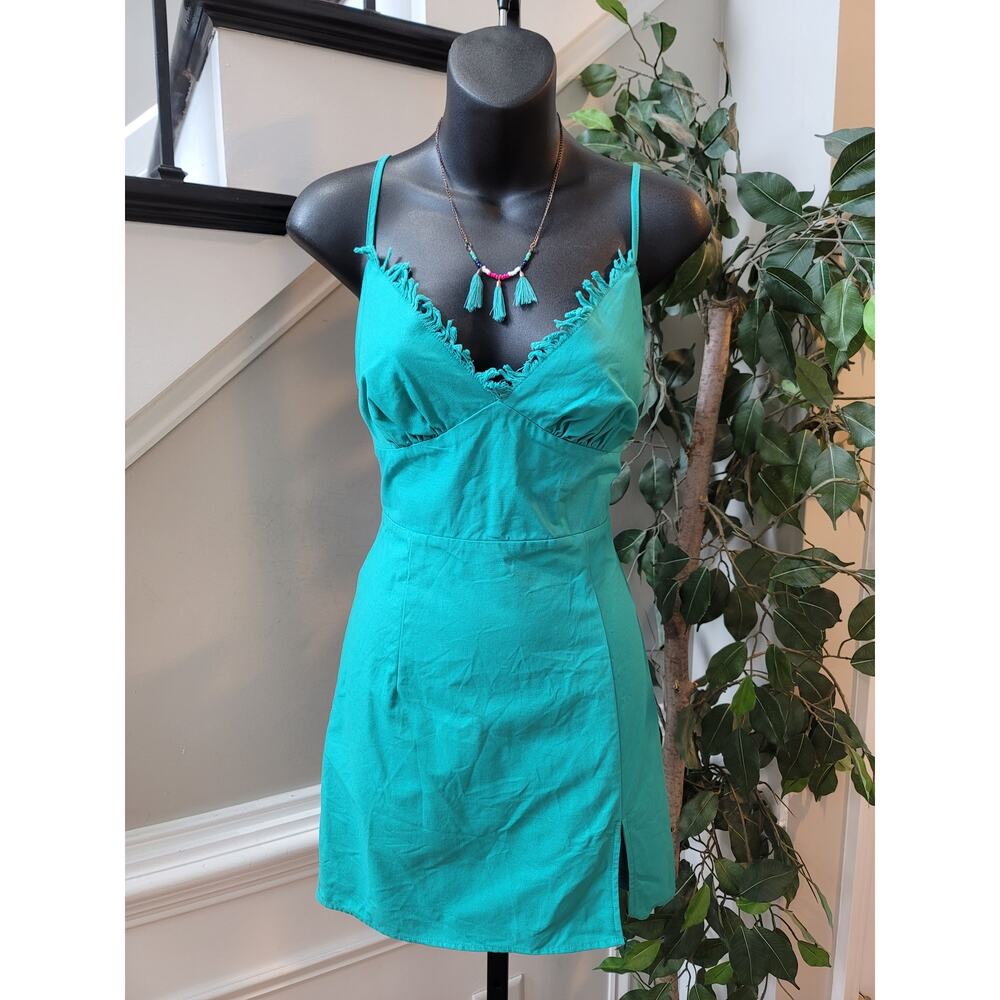 Pink Lily Dress Womens XS Teal Sleeveless Mini Fringe Trim Slit Party Summer